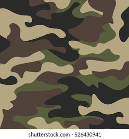 Camouflage pattern background. Classic clothing style masking camo repeat print. Green brown black olive colors forest texture. Design element. Vector illustration.