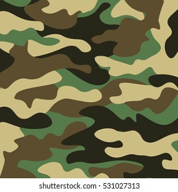 Camouflage pattern background. Classic clothing style masking camo repeat print. Green brown black olive colors forest texture. Design element. Vector illustration.