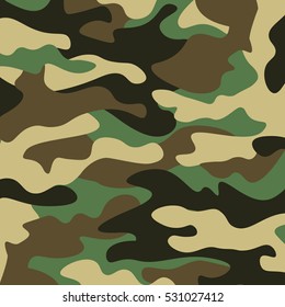 Camouflage pattern background. Classic clothing style masking camo repeat print. Green brown black olive colors forest texture. Design element. Vector illustration.