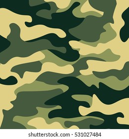 Camouflage pattern background. Classic clothing style masking camo repeat print. Green brown black olive colors forest texture. Design element. Vector illustration.