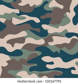 Camouflage pattern background. Classic clothing style masking camo repeat print. Green brown black olive colors forest texture. Design element. Vector illustration.
