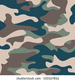 Camouflage pattern background. Classic clothing style masking camo repeat print. Green brown black olive colors forest texture. Design element. Vector illustration.