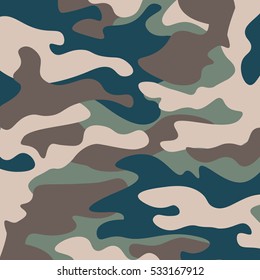 Camouflage pattern background. Classic clothing style masking camo repeat print. Green brown black olive colors forest texture. Design element. Vector illustration.