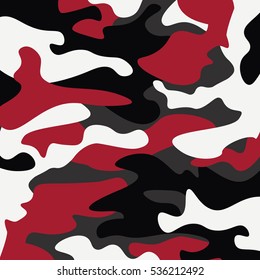 Camouflage pattern background. Classic clothing style masking camo repeat print. Red white black colors forest texture. Design element. Vector illustration.