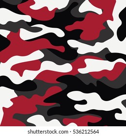 Camouflage Pattern Background. Classic Clothing Style Masking Camo Repeat Print. Red White Black Colors Forest Texture. Design Element. Vector Illustration.