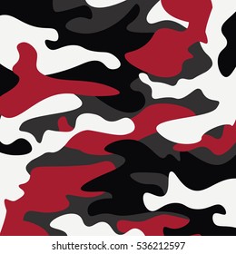 Camouflage pattern background. Classic clothing style masking camo repeat print. Red white black colors forest texture. Design element. Vector illustration.