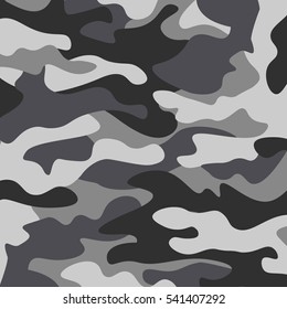 Camouflage pattern background. Classic clothing style masking camo repeat print. Black grey white colors winter ice texture. Design element. Vector illustration.
