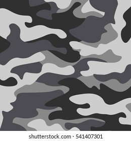 Camouflage pattern background. Classic clothing style masking camo repeat print. Black grey white colors winter ice texture. Design element. Vector illustration.