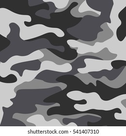 Camouflage pattern background. Classic clothing style masking camo repeat print. Black grey white colors winter ice texture. Design element. Vector illustration.