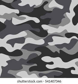 Camouflage pattern background. Classic clothing style masking camo repeat print. Black grey white colors winter ice texture. Design element. Vector illustration.