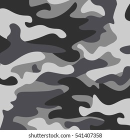 Camouflage pattern background. Classic clothing style masking camo repeat print. Black grey white colors winter ice texture. Design element. Vector illustration.