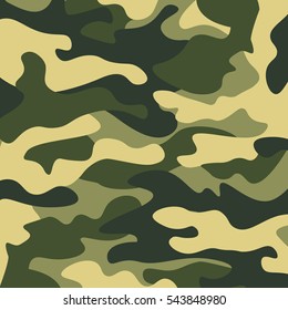 Camouflage pattern background. Classic clothing style masking camo repeat print. Green brown black olive colors forest texture. Design element. Vector illustration.