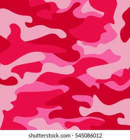 Camouflage pattern background. Classic clothing style masking camo repeat print. Pink orchid rose ruby colors forest texture. Design element. Vector illustration.