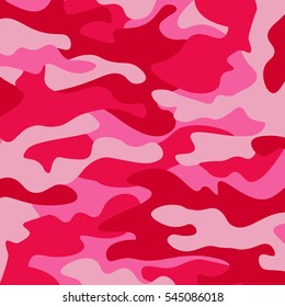 Camouflage pattern background. Classic clothing style masking camo repeat print. Pink orchid rose ruby colors forest texture. Design element. Vector illustration.