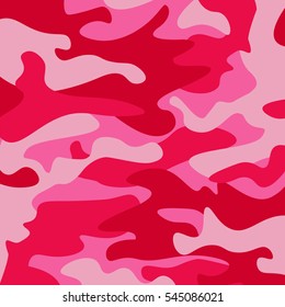 Camouflage pattern background. Classic clothing style masking camo repeat print. Pink orchid rose ruby colors forest texture. Design element. Vector illustration.