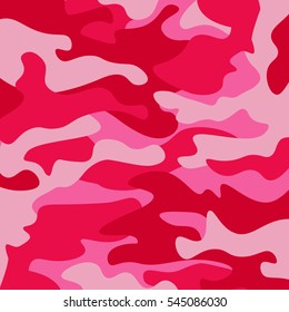 Camouflage pattern background. Classic clothing style masking camo repeat print. Pink orchid rose ruby colors forest texture. Design element. Vector illustration.