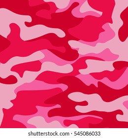 Camouflage pattern background. Classic clothing style masking camo repeat print. Pink orchid rose ruby colors forest texture. Design element. Vector illustration.