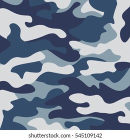 Camouflage pattern background. Classic clothing style masking camo repeat print. Blue, navy cerulean grey colors forest texture. Design element. Vector illustration.