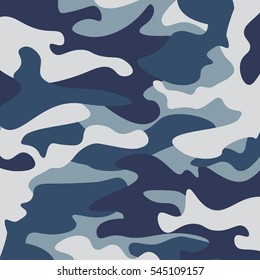 Camouflage pattern background. Classic clothing style masking camo repeat print. Blue, navy cerulean grey colors forest texture. Design element. Vector illustration.