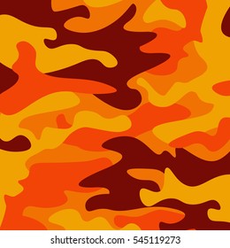 Camouflage pattern background. Classic clothing style masking camo repeat print. Fire orange brown  yellow colors forest texture. Design element. Vector illustration.