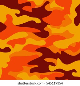 Camouflage pattern background. Classic clothing style masking camo repeat print. Fire orange brown  yellow colors forest texture. Design element. Vector illustration.