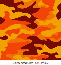 Camouflage pattern background. Classic clothing style masking camo repeat print. Fire orange brown  yellow colors forest texture. Design element. Vector illustration.