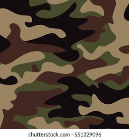 Camouflage pattern background. Classic clothing style masking camo repeat print. Green brown black olive colors forest texture. Design element. Vector illustration.