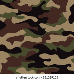 Camouflage pattern background. Classic clothing style masking camo repeat print. Green brown black olive colors forest texture. Design element. Vector illustration.