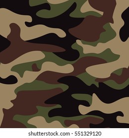 Camouflage pattern background. Classic clothing style masking camo repeat print. Green brown black olive colors forest texture. Design element. Vector illustration.