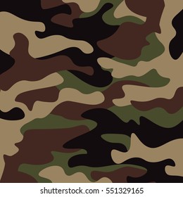 Camouflage pattern background. Classic clothing style masking camo repeat print. Green brown black olive colors forest texture. Design element. Vector illustration.