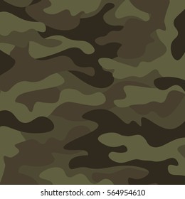 Camouflage pattern background. Classic clothing style masking camo repeat print. Green brown black olive colors forest texture. Design element. Vector illustration.