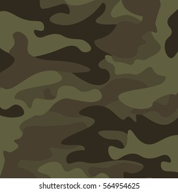 Camouflage pattern background. Classic clothing style masking camo repeat print. Green brown black olive colors forest texture. Design element. Vector illustration.