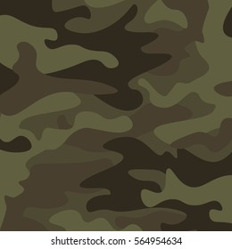 Camouflage pattern background. Classic clothing style masking camo repeat print. Green brown black olive colors forest texture. Design element. Vector illustration.