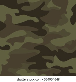 Camouflage pattern background. Classic clothing style masking camo repeat print. Green brown black olive colors forest texture. Design element. Vector illustration.