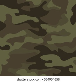 Camouflage pattern background. Classic clothing style masking camo repeat print. Green brown black olive colors forest texture. Design element. Vector illustration.
