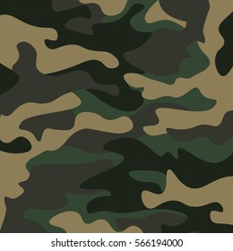 Camouflage pattern background. Classic clothing style masking camo repeat print. Green brown black olive colors forest texture. Design element. Vector illustration.