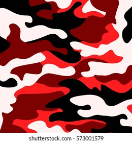 Camouflage Pattern Background. Classic Clothing Style Masking Camo Repeat Print. Red, White, Brown Black Colors Forest Texture. Design Element. Vector Illustration.