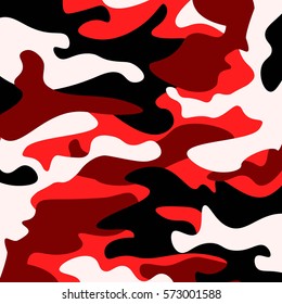 Camouflage Pattern Background. Classic Clothing Style Masking Camo Repeat Print. Red, White, Brown Black Colors Forest Texture. Design Element. Vector Illustration.