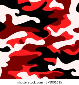 Camouflage Pattern Background. Classic Clothing Style Masking Camo Repeat Print. Red, White, Brown Black Colors Forest Texture. Design Element. Vector Illustration.