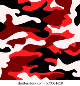 Camouflage pattern background. Classic clothing style masking camo repeat print. Red, white, brown black colors forest texture. Design element. Vector illustration.