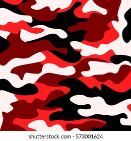 Camouflage pattern background. Classic clothing style masking camo repeat print. Red, white, brown black colors forest texture. Design element. Vector illustration.