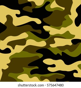 Camouflage pattern background. Classic clothing style masking camo repeat print. Green brown black olive colors forest texture. Design element. Vector illustration.b