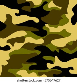 Camouflage pattern background. Classic clothing style masking camo repeat print. Green brown black olive colors forest texture. Design element. Vector illustration.b