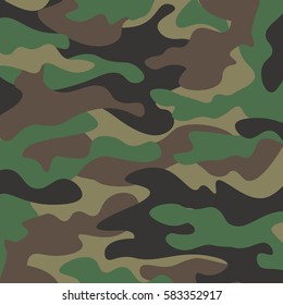 Camouflage pattern background. Classic clothing style masking camo repeat print. Green brown black olive colors forest texture. Design element. Vector illustration.