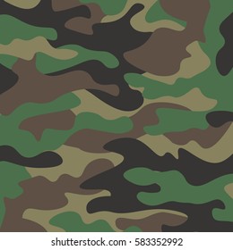 Camouflage pattern background. Classic clothing style masking camo repeat print. Green brown black olive colors forest texture. Design element. Vector illustration.
