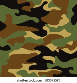 Camouflage pattern background. Classic clothing style masking camo repeat print. Green brown black olive colors forest texture. Design element. Vector illustration.