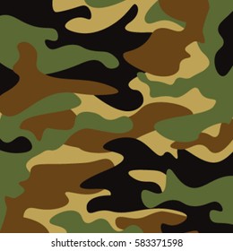 Camouflage pattern background. Classic clothing style masking camo repeat print. Green brown black olive colors forest texture. Design element. Vector illustration.