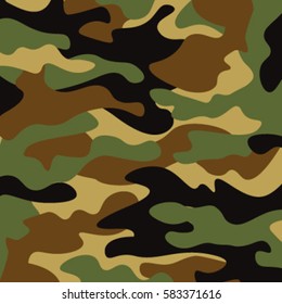 Camouflage pattern background. Classic clothing style masking camo repeat print. Green brown black olive colors forest texture. Design element. Vector illustration.