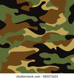 Camouflage pattern background. Classic clothing style masking camo repeat print. Green brown black olive colors forest texture. Design element. Vector illustration.