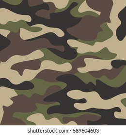 Camouflage pattern background. Classic clothing style masking camo repeat print. Green brown black olive colors forest texture. Design element. Vector illustration